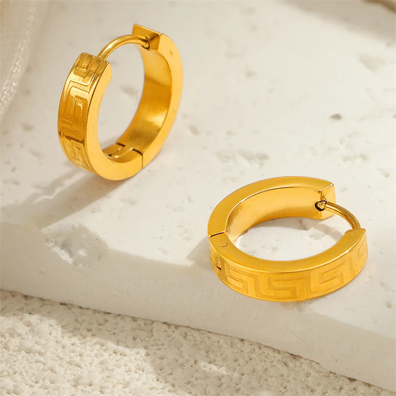 Trendy Geometric Great Wall Pattern Hoop Earrings for Women Charm Gold Color Stainless Steel Korea Earring Jewelry Colorfast