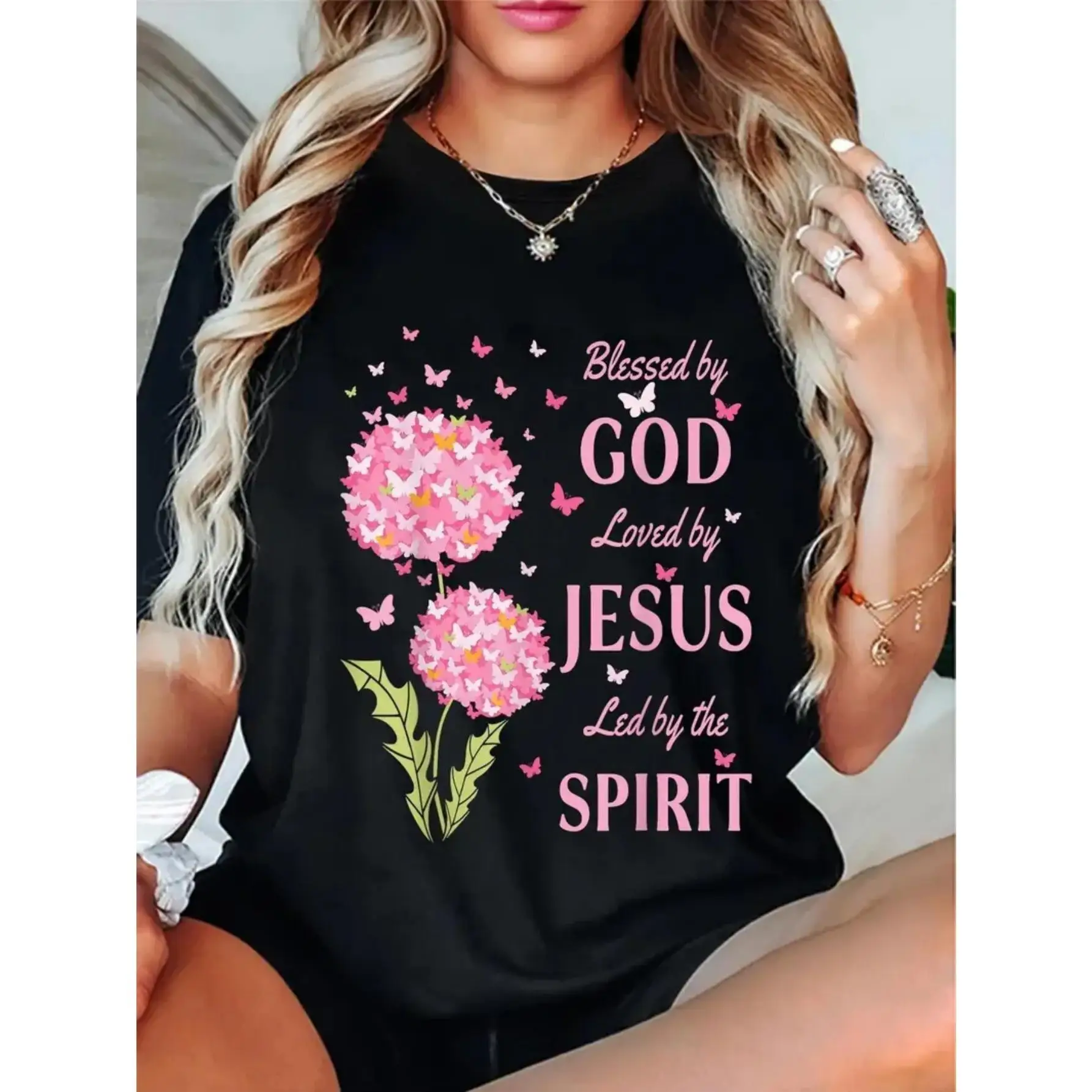 

Blessed By God T-shirt for Women Christian Graphic Tee Loved By Jesus Slogan Top