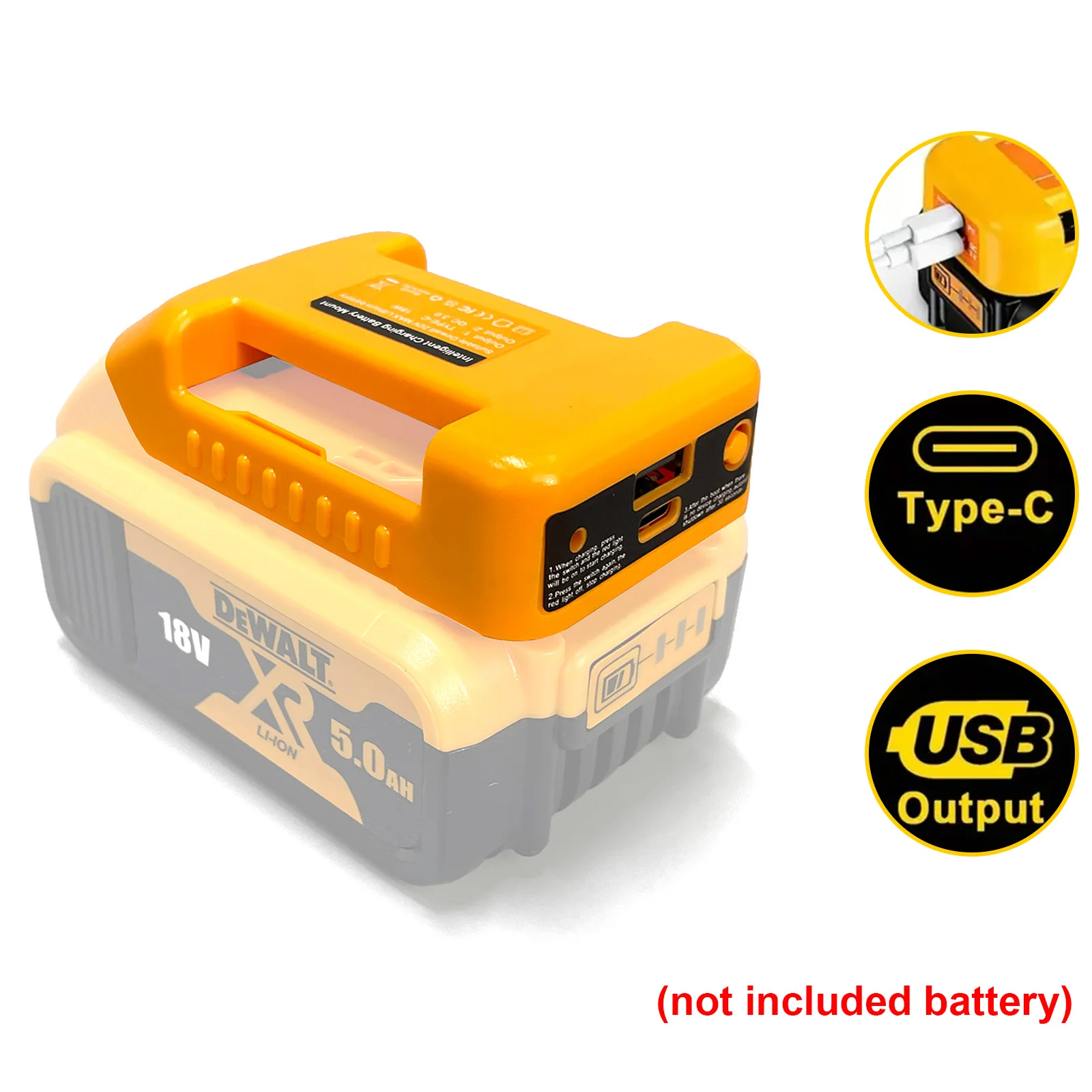 

USB Charger Adapter for Dewalt 18V 20V Lithitum Battery Portable Type-C Port Fast Charging Battery Storage Rack Holder Case