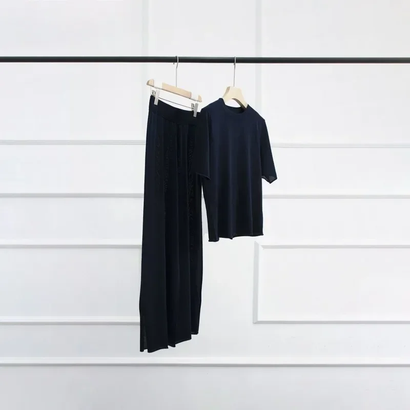 Summer New Worsted Silk Wool Suit Fashion Casual Short-sleeved Sweater Wide-leg Pants Two-piece Suit