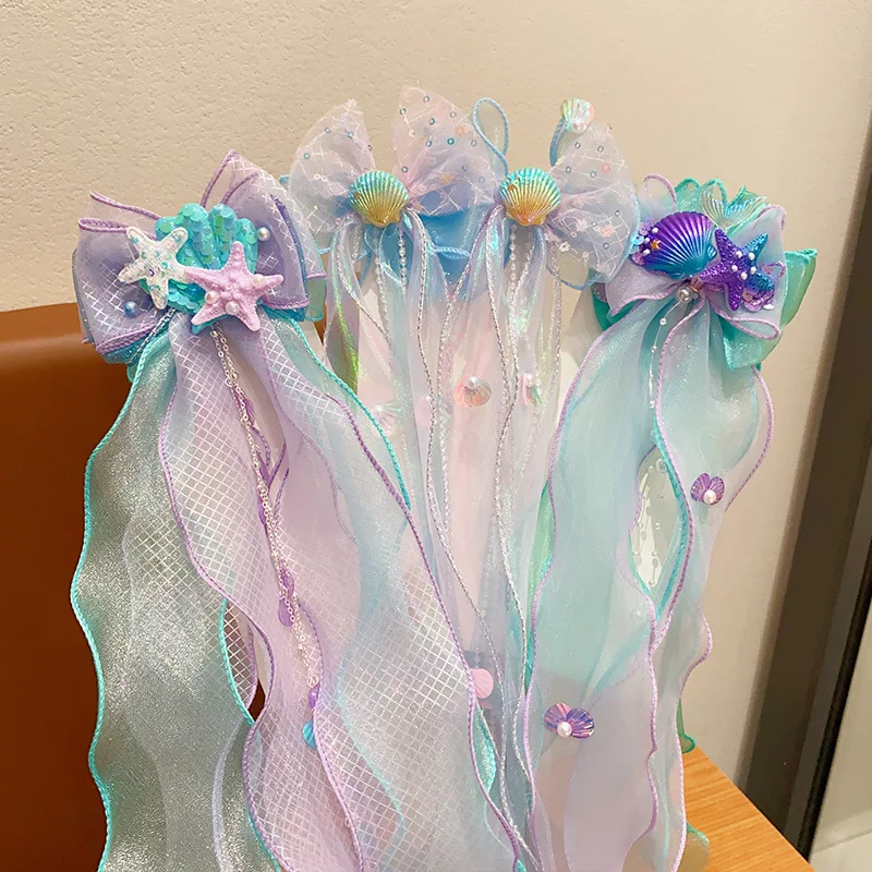1Pcs Meerjungfrau Hime Bogen Strap Haar Clip Fee Air Mesh Sea Star Shell Dekoration Kinder Prinzessin Haar Zubehör Party haarspange – Detail 2