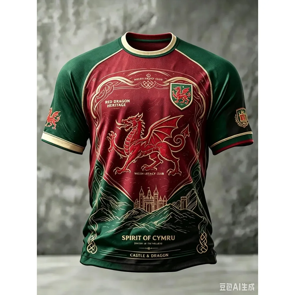 2026 Hit Summer Men's Welsh Football Training 3D Printed Fabric Sports Breathable Quick-drying Fashion Style T-shirt Top