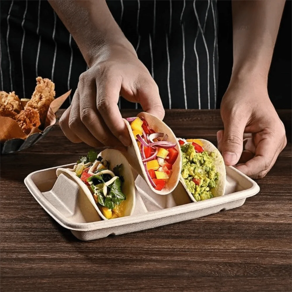 Platos para tacos desechables con tapa, soporte para pulpa, biodegradable, apilable, bandeja para servir tacos, restaurante, 50 Uds., 3 compartimentos