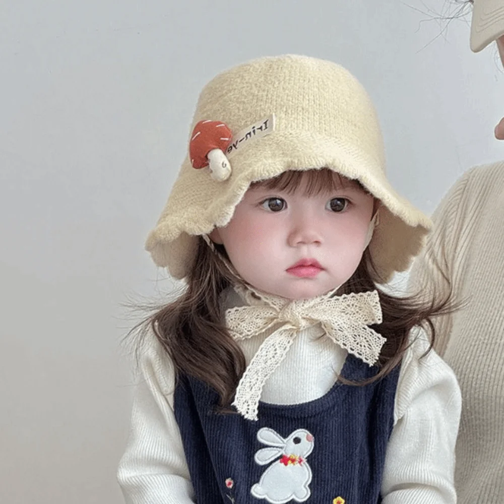 

Soft Kids Warm Knitted Hat Mushroom pattern Solid Color Curled Fisherman Cap Breathable Cold-Resistant Baby Bucket Hat