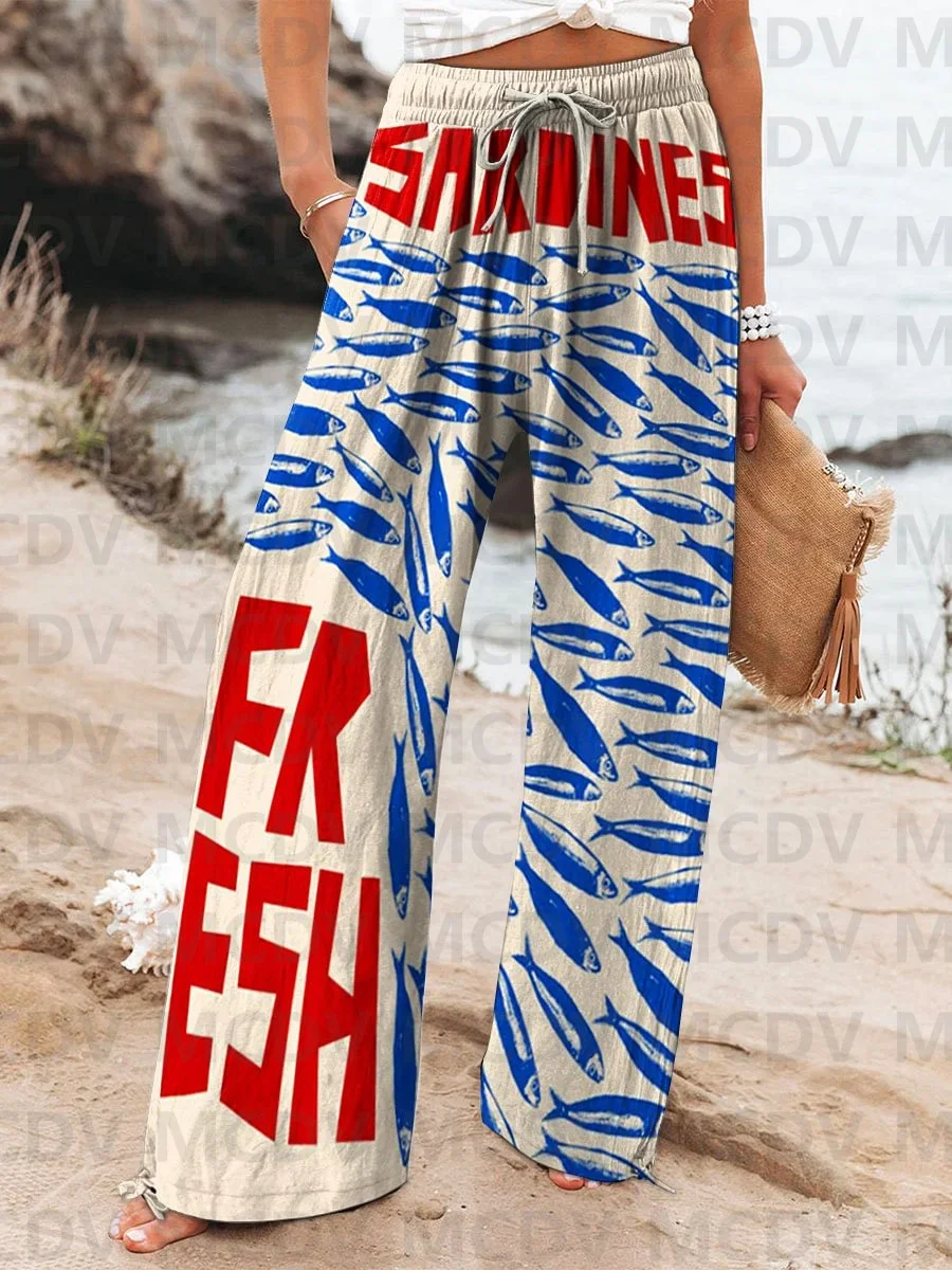 Women's Vintage Fish Sardines Art Print Linen Casual Pants