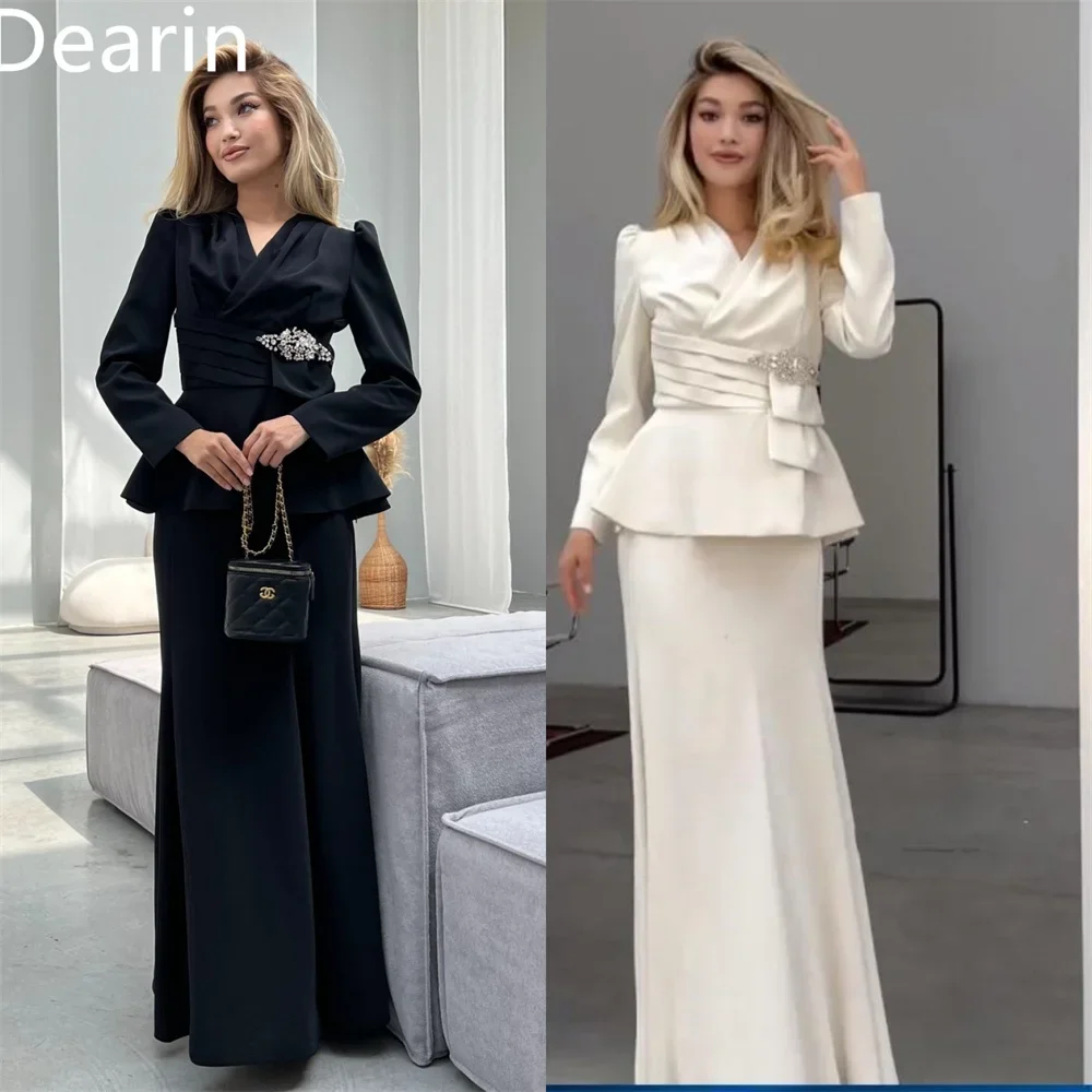 ที่กําหนดเองอย่างเป็นทางการชุด Dearin V คอคอลัมน์ความยาวกระโปรง Draped Layered ประดับด้วยลูกปัด Bespoke โอกาสพรหม Evening Go