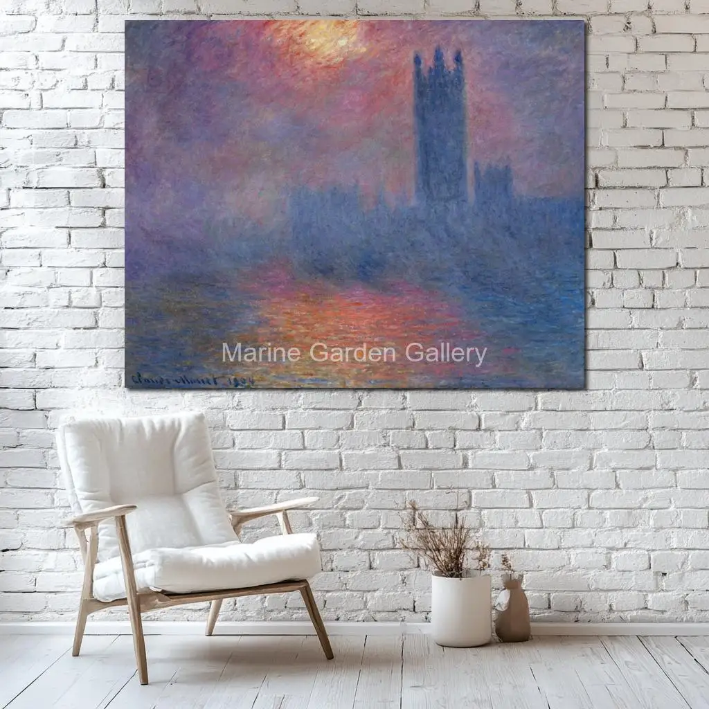 

Репродукция картины Клода Моне «Дома, Парламент, закат, морской пейзаж» ручной работы на холсте, шедевр для декора стен гостиной