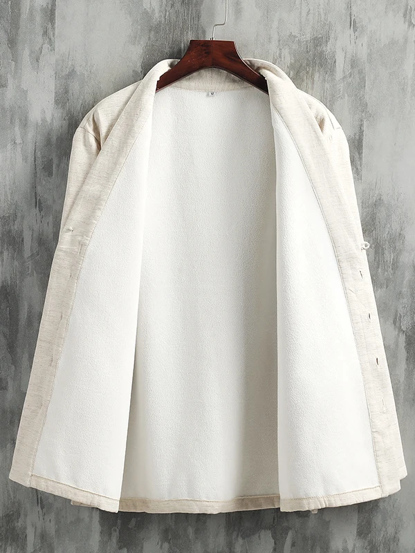 Chinese Style Fleece-Lined Thickened Improved Hanfu Men's New Wear Retro Cotton Linen Coat Robe Zen-Tea Dress