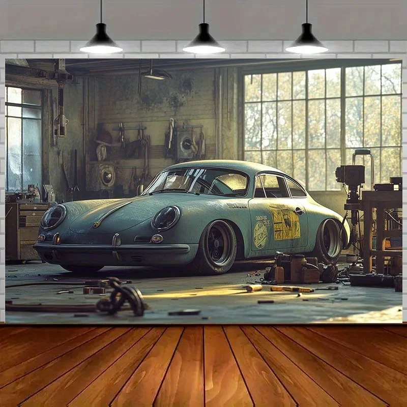 2D flat 1pc vintage car store background - garage photography background with old cars, tools, auto shows, theme decorations