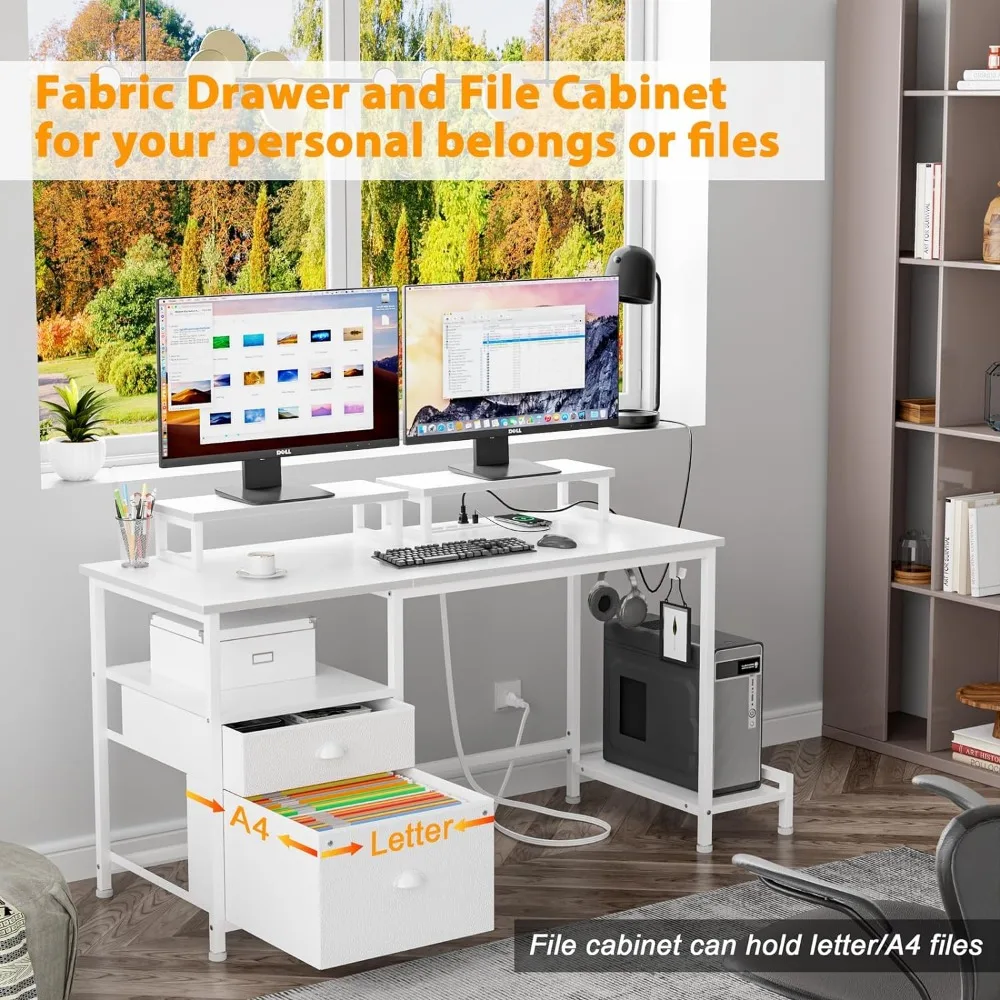 White Computer Desk with Drawer and Power Outlets, 47" Office Desk with 2 Monitor Stands and Fabric File Cabinet