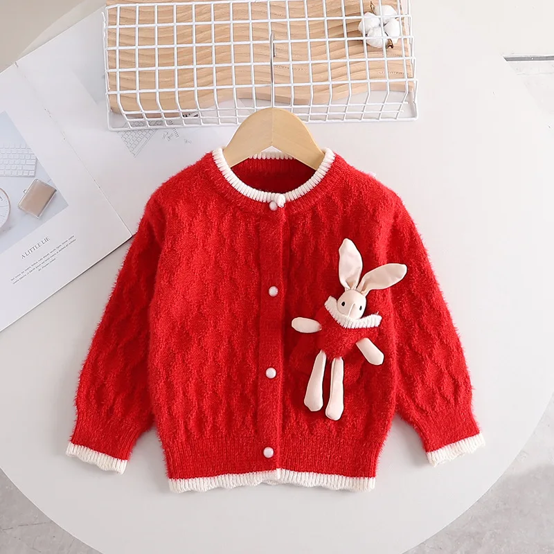 

Girls' Sweater Spring Autumn Thickened Round Neck Cartoon Pocket Rabbit Coat Girl Cute Soft Knitted Top Warm Sweater Cardigan