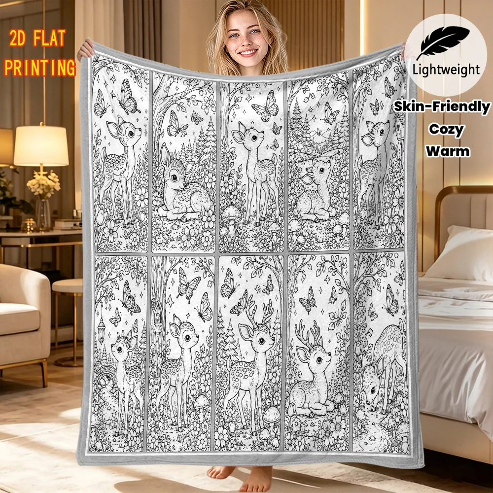 Calming Woodland Fawn Panels DIY Blanket Coloring Flannel Throw Blanket Gentle Line Pattern Hand Paint Blanket For Leisure Rest