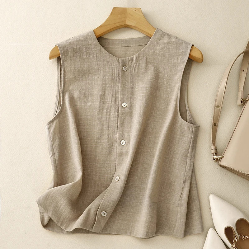 สไตล์เกาหลีหวานสีชมพูสีกากีผ้าฝ้ายลินินเสื้อกั๊กผู้หญิงฤดูร้อนบางเสื้อแขนกุด O-คอปุ่มขึ้นปกเสื้อคาร์ดิแกน