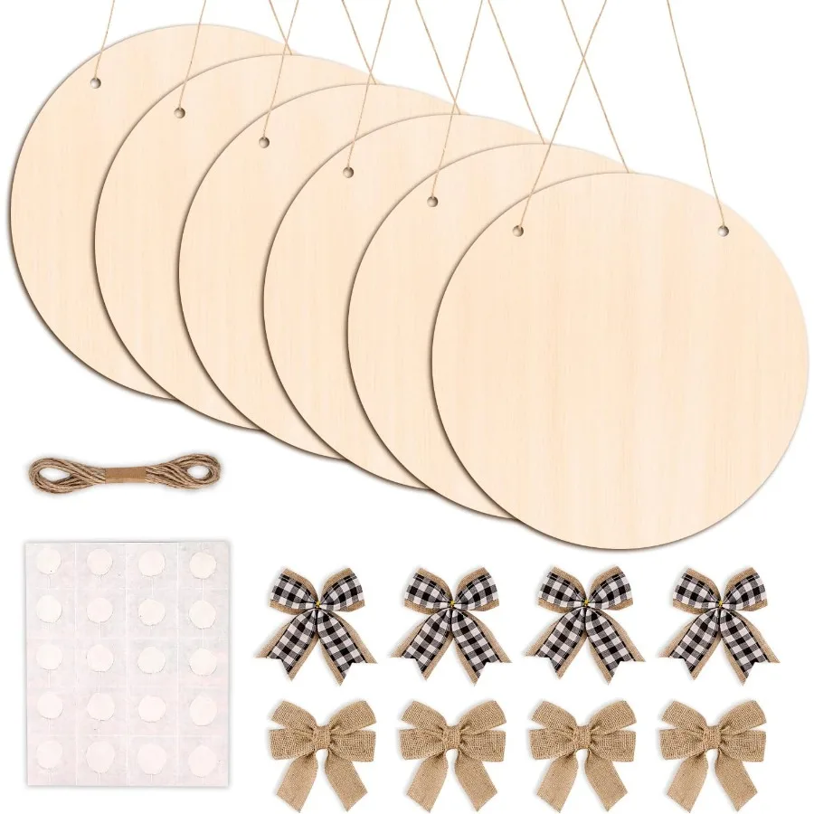 

6 Pack Wood Circles for Crafts 14 Inch Unfinished Wood Slices Blank Wooden Door Hanger Sign Round Wood Discs with Bows Twine Gl