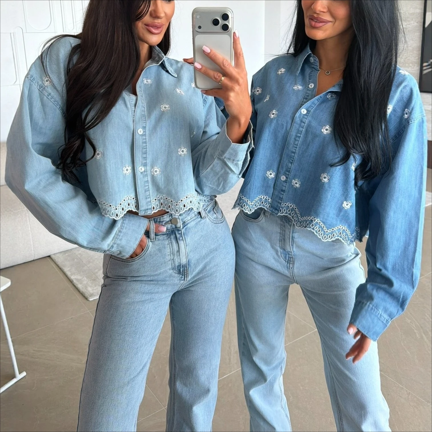 

Blouses Women Shirt Denim Turn Down Collar Full Sleeve Tops Lace Y2k Streetwear Elegant Splice Casual Shirts 2026 Spring