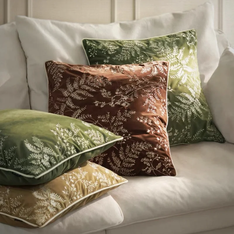Fern Plants Embroidery Cushion Case Simple Fresh Green Cushion Case Country Style Decorative Pillow Cover For Sofa Chair Home