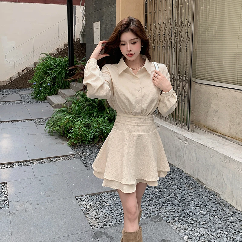 Robe Chemise Française Décontractée à Manches sulfpour Femme, Jupe Courte, Taille Plissée, Bords à Volants, Tempérament de Dégradation, Nouvelle Collection Printemps