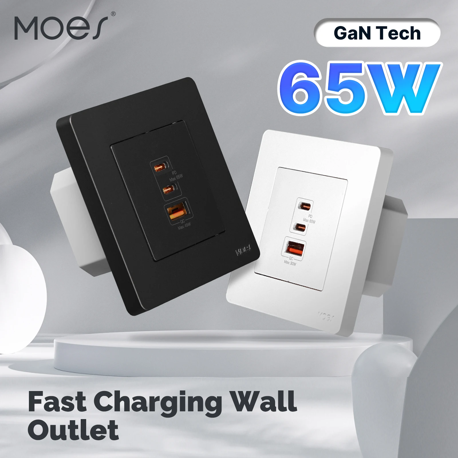 MOES Star Ring Series 65W Fast Charging PD3.0 Wall Electrical Outlet Charger GaN Socket 3 Ports Type C USB A OverTemp Protection