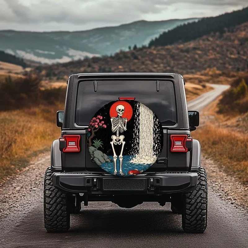 Japanese Skeleton Tire Cover Red Sun Waterfall Print Polyester Durable RV SUV Spare Wheel Protector