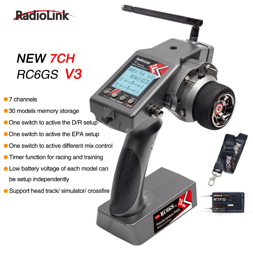 Radiolink RC6GS V3 2.4G 7-kanaals radiozender met R7FG-ontvanger Gyro Telemetrie Inclusief afstandsbediening voor RC autoboot - afbeelding 1