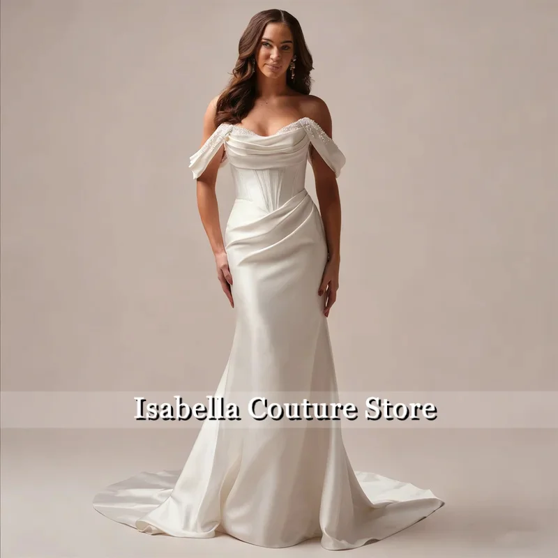 Customized Off Shoulder Sweetheart Neckline Mermaid Satin Wedding Dress Sexy Button Back Floor Length Sweep Train Gown For Bride