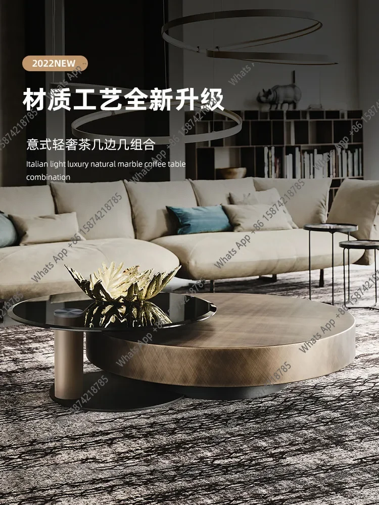 X25 Italian Light Luxury Stainless Steel Brushed Coffee Table Modern Simple Round Household Tempered Glass Post-modern