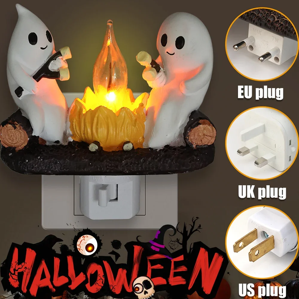 

New Halloween Ghost Campfire Nightlight LED Electric Faux Spooky Fire Flickering Plug in Night Light Halloween Decoration Light