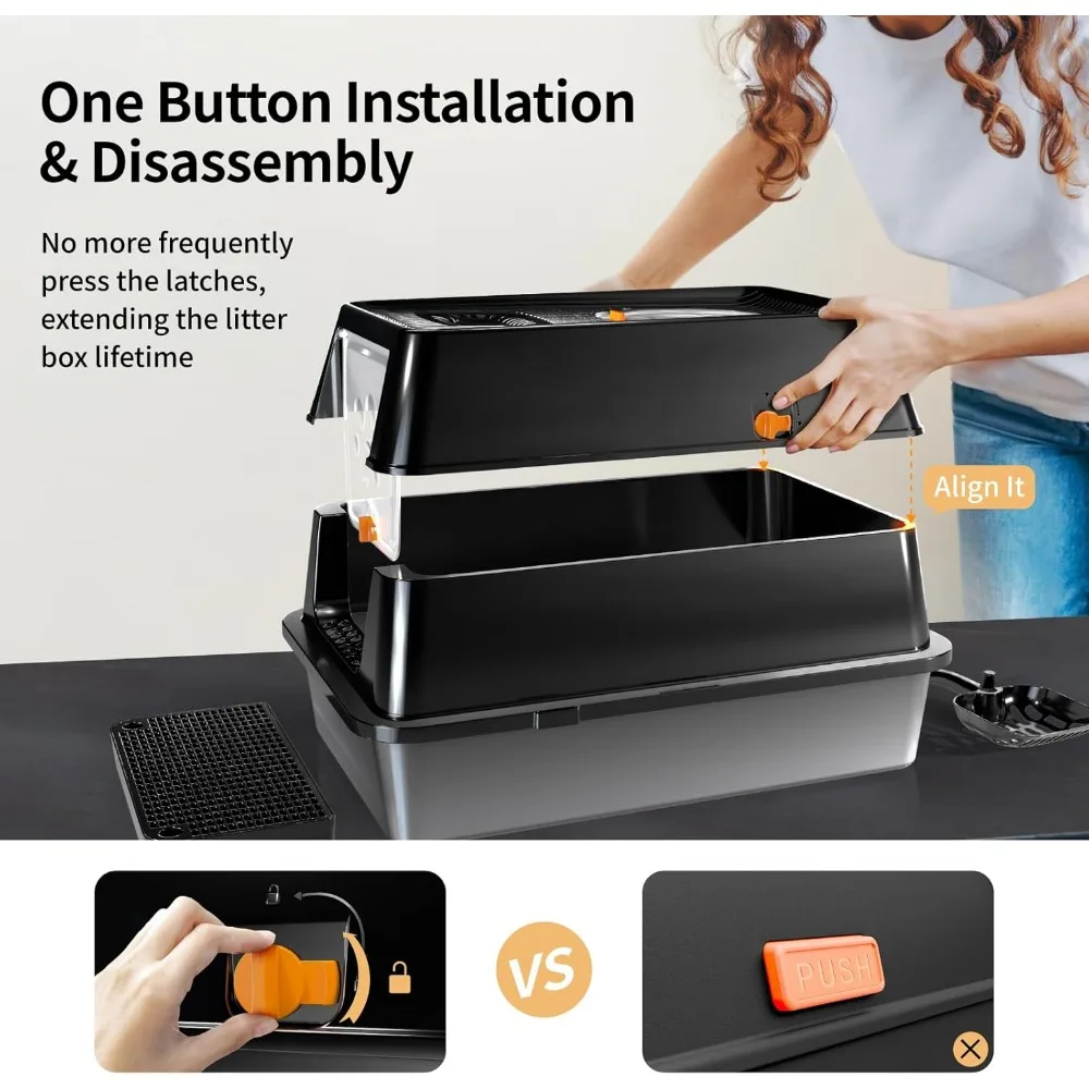 صندوق فضلات القطط المعدني المغلق كبير جدًا للقطط الكبيرة، وعاء من الفولاذ المقاوم للصدأ عالي الجوانب مع غطاء قابل للإزالة، مثالي للقطط الكبيرة #3