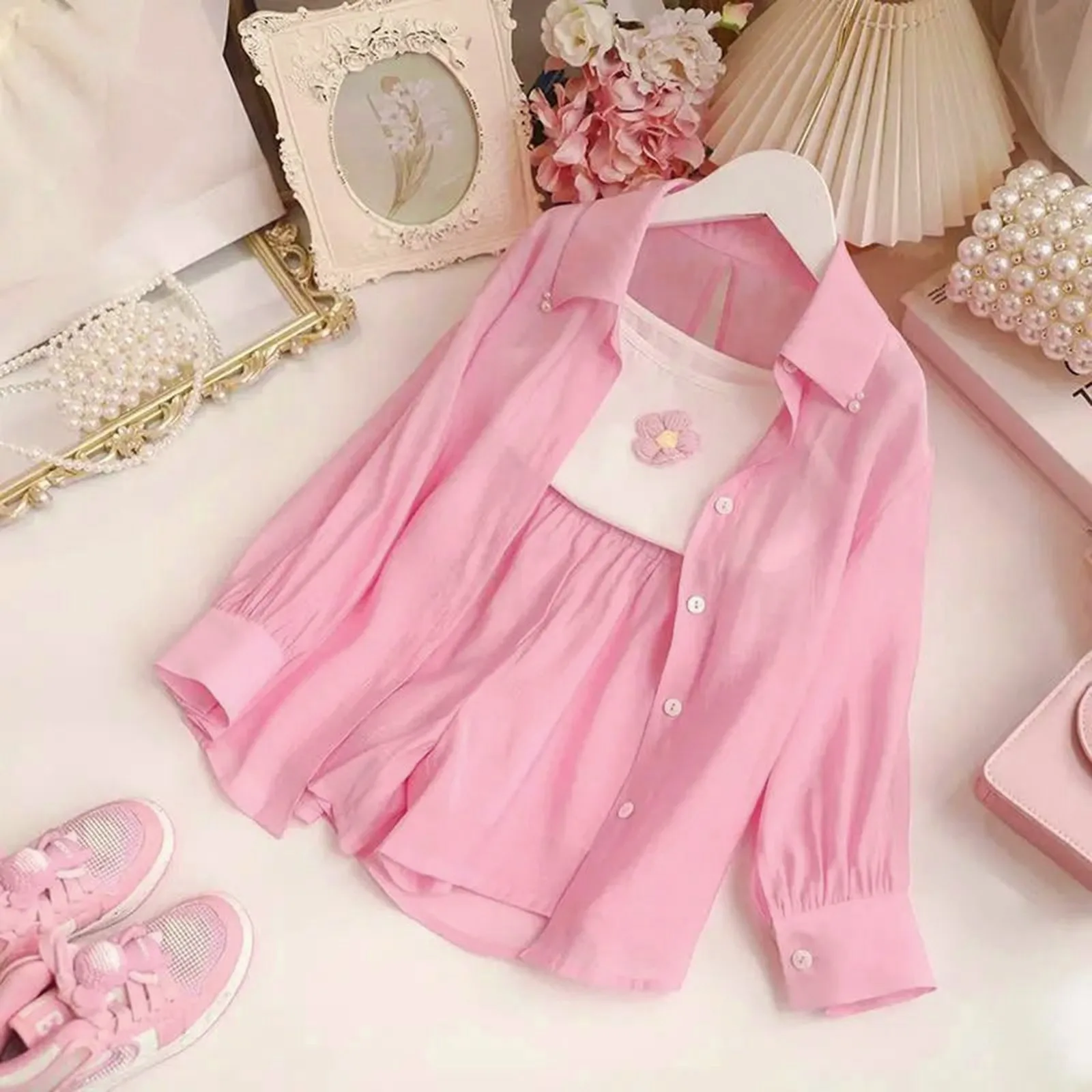 

Kids Girl Summer Clothes Long Sleeve Button Down Shirt Coat Tank Tops Shorts 3PCS Outfits Korean Fashion Children Clothes 3-12Y