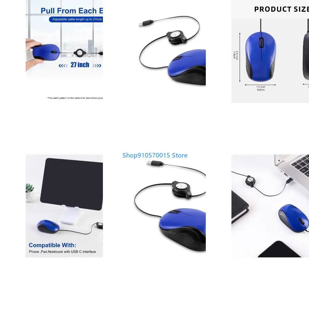 B95C Corded Mouse Retractable Cable Small Pocket Mouse 1000DPI Optical Basic Mouse Compact Travel Mouse Mouse Corded for Laptop