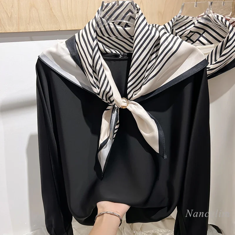 

2024 New Korean Temperament Crew Neck with Striped Silk Scarf Pullover Long Sleeve Chiffon Shirt Women's Autumn Blouses and Tops