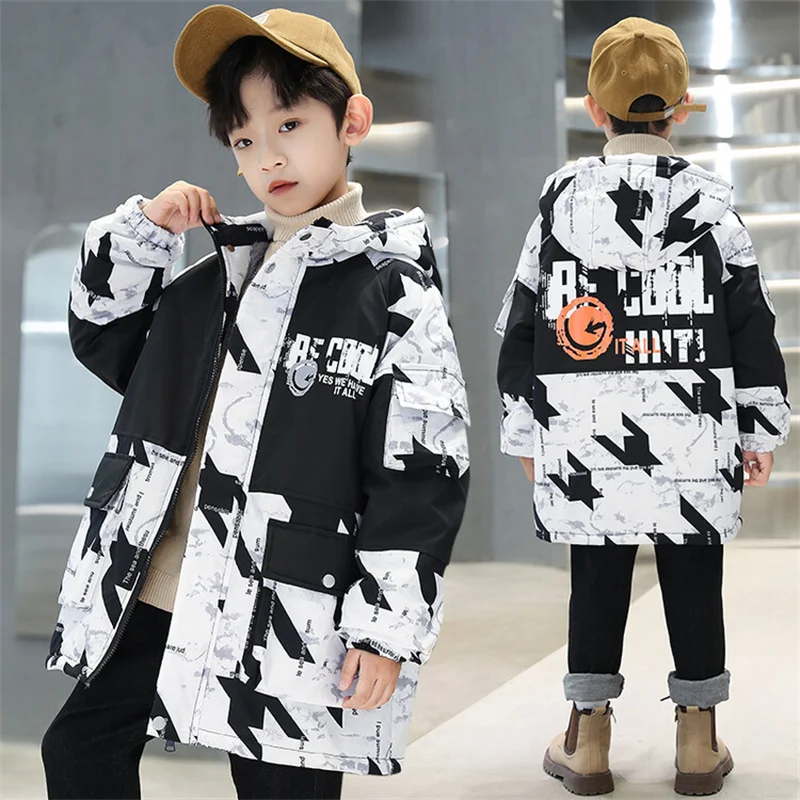 Boys Coat Jacket Cotton Outerwear Windbreak 2023 Hooded Thicken Velvet Winter Warm Teenagers Children\'s Clothing