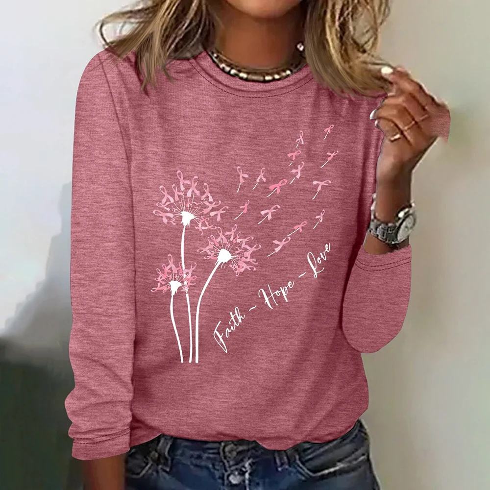 Dandelion Pink Ribbon Print Womens T-Shirt Designer Long Sleeve T-Shirt Polyester Women Fashion Long Sleeve