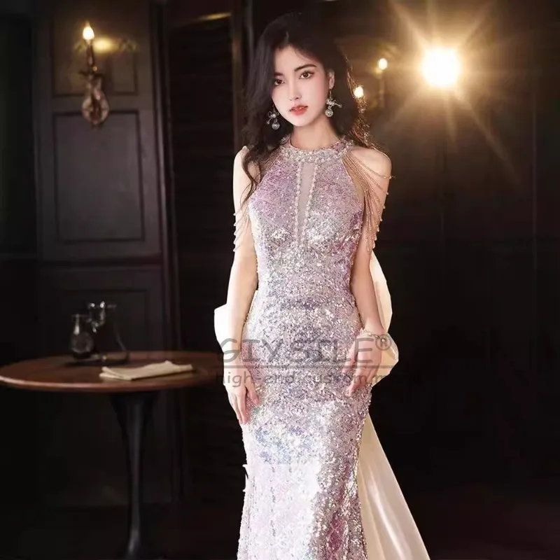 

GIYSILE Customized Fringed Neck Sexy Sequined Banquet Evening Dress 2025 New Socialite Temperament Luxury Fishtail Dresses