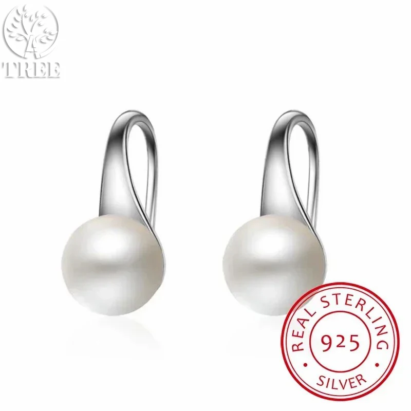 

ALITREE Pure 925 Sterling Silver Earrings Drop Women Round Natural Pearl Hook Dangle Earring Ear Drops Brincos De Prata