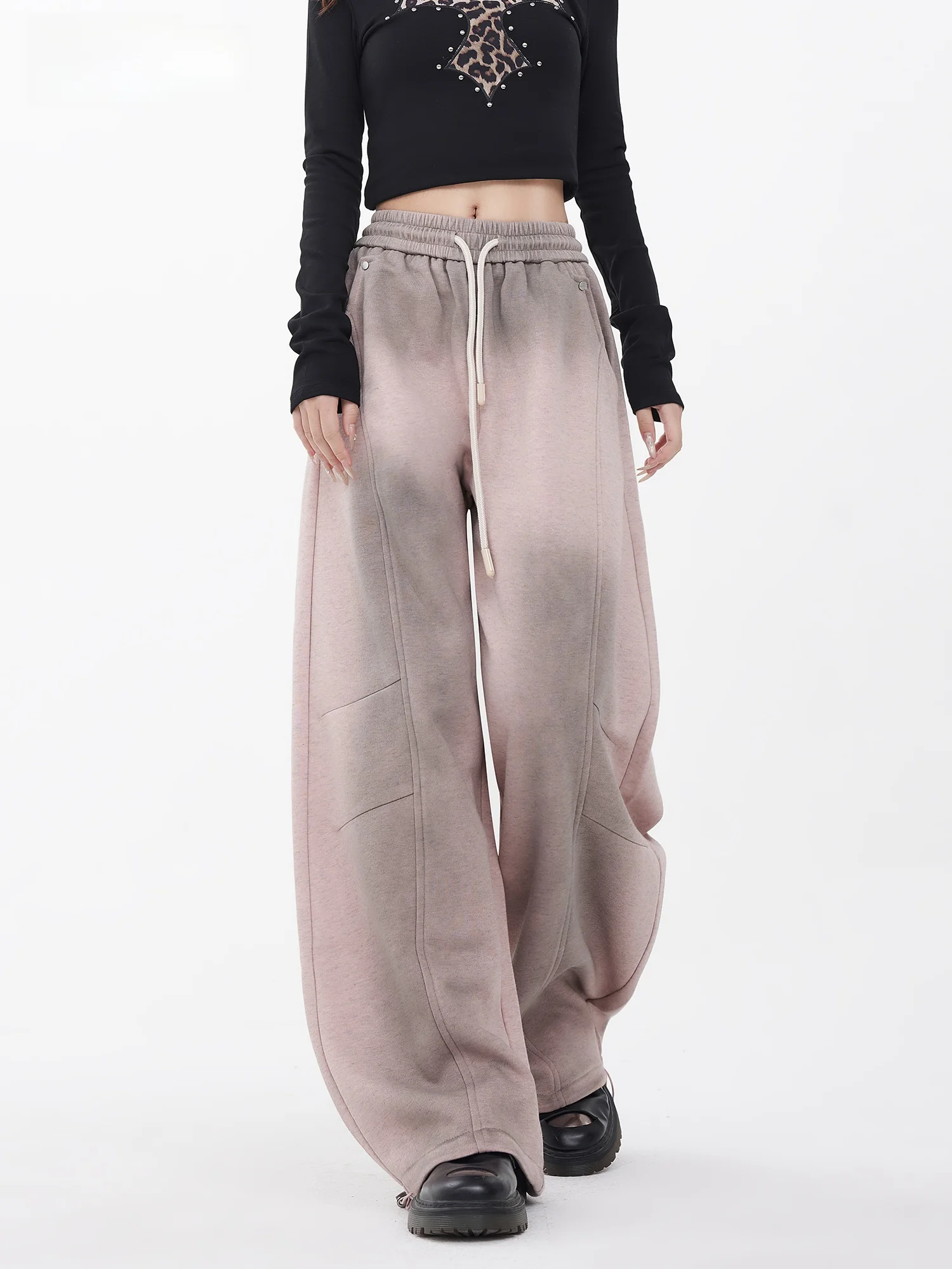 

EDX Casual High Waist Wide Leg Pants Women's Loose Splice Dstring Tied Knife Pants Cuffed Street Sle Cotton Blend