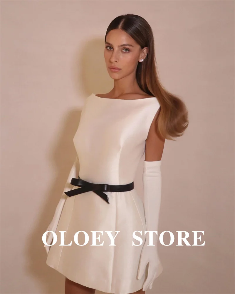 OLOEY-Mini robe de soirée de mariage courte pour femmes, simple, blanc, col rond, optique, satin, mariée sur la plage, quelle que soit la fête, robe de cocktail personnalisée