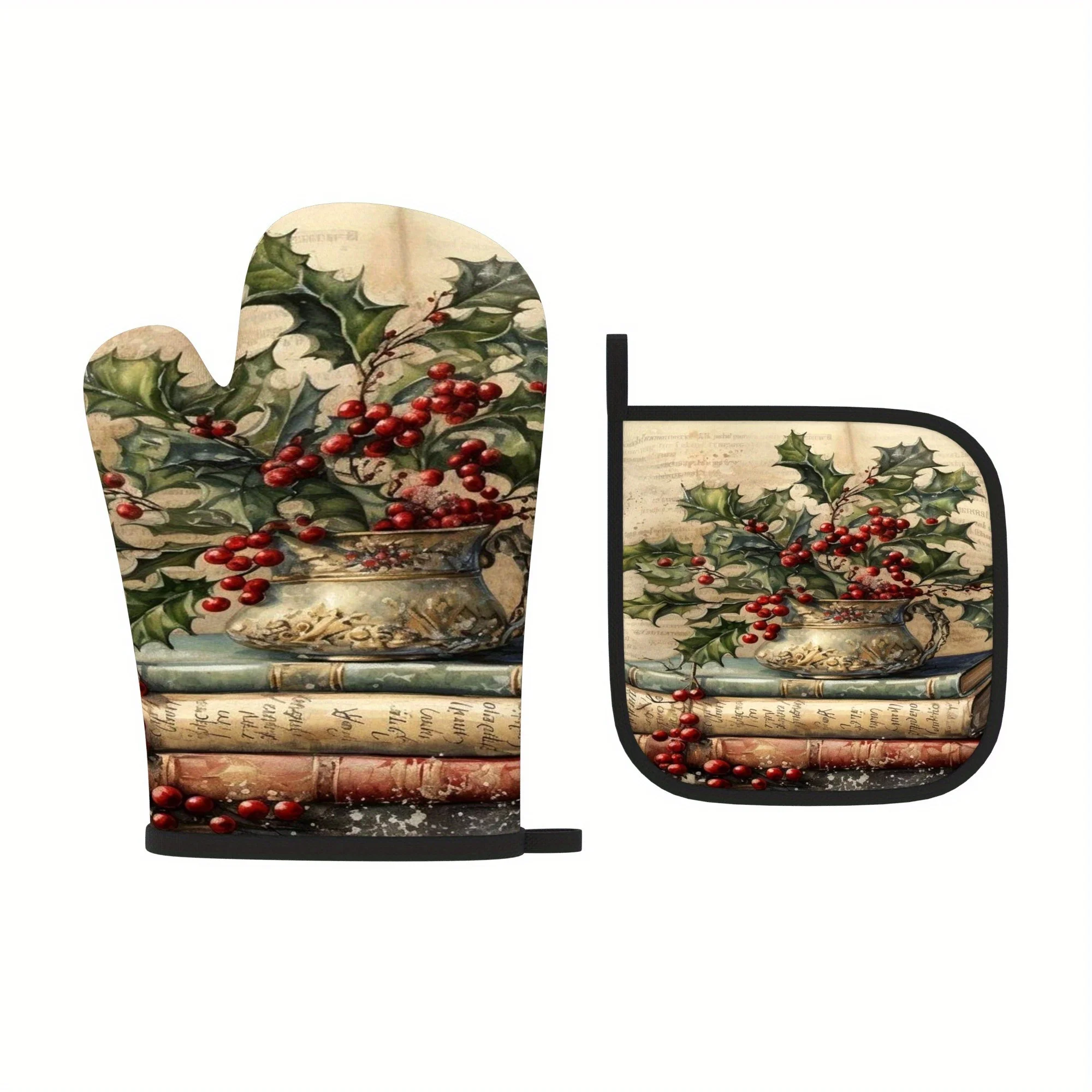 2pcs Heat-Resistant Oven Mitts Pot Holders Vintage Book Holly Berry Design Polyester Kitchen Accessories for Baking Cooking