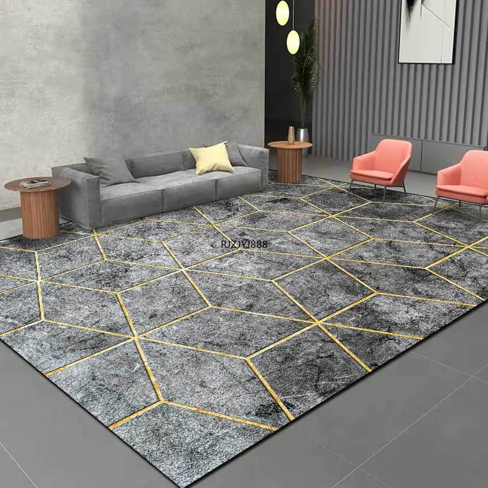 

Modern Light Luxury Black Gray Marble Metal Line Living Room Bedroom Bedside Carpet Floor Mat Area Rug Alfombra Dormitorio