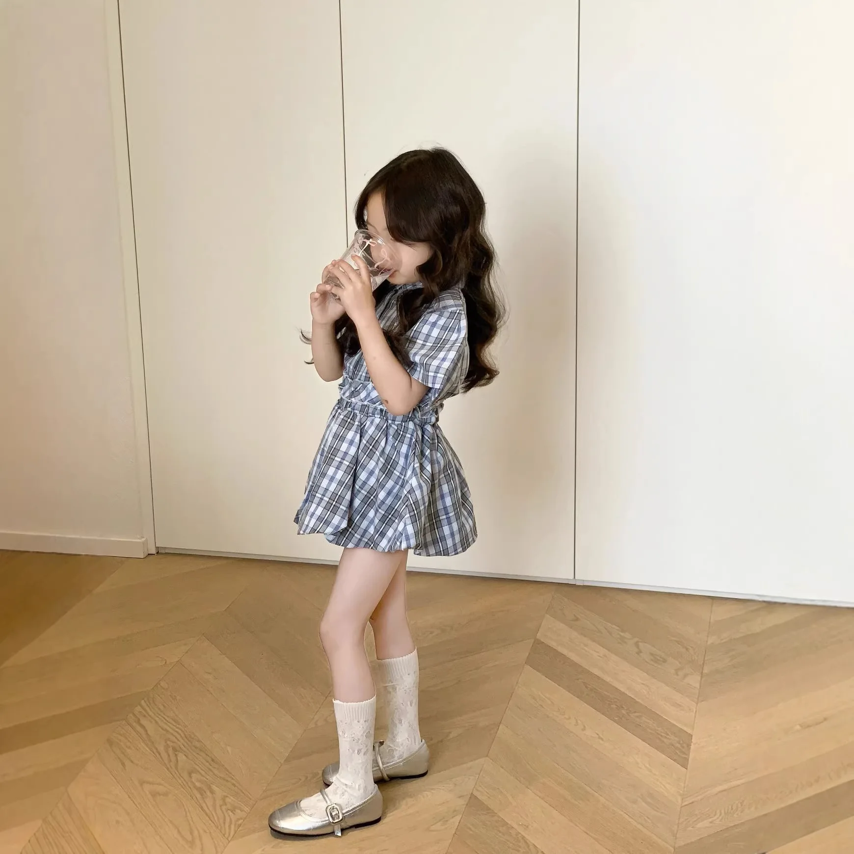 Children's Clothing Girl 2026 Summer Suit College Style Blue Grid Short Sleeved Shirt Casual Flower Bud Skirt 2 Piece Set