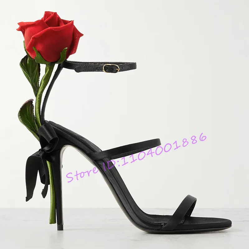 

Rose Flower Decor Stiletto Sandals for Women Sexy Black Leather Round Toe Ankle Strap Thin High Heels Brand Design Party Shoes