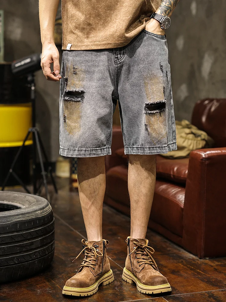 

Мужские джинсовые орты в стиле ретро в американском стиле, летняя мода, брендовые изношенные Sand Dune Wasteland Look, длина пять четвертей, прямые Le...