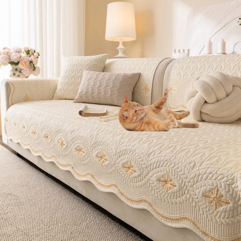 European Embroidery Cotton Sofa Cover Four Season Universal Sofa Towel Non-slip L Shaped Corner Couch Cover for Living Room