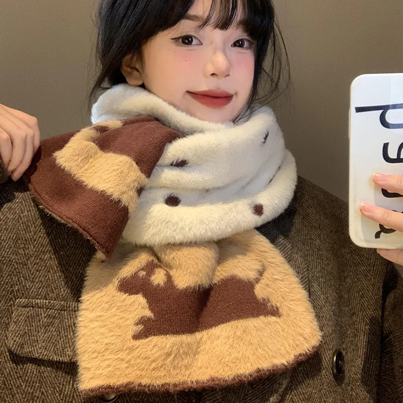 両面水玉模様のぬいぐるみスカーフ-レディースファッション-韓国風-温かいネックプロテクションスカーフ-学生向け-冬用
