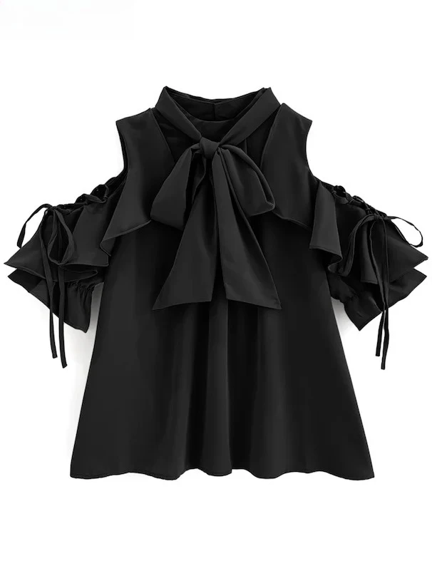 

Summer New 2025 Japanese Sweet Bow-tie Off-the-shoulder Chiffon Shirt Solid Color Ruffle Edge Short-sleeved Temperament Blouse