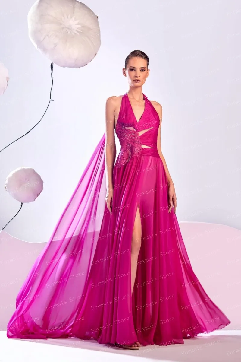 Ethereal  Hot Pink Evening Dress  A-line V-neck Holow Out Chiffon Woman Clothes Custom Made Prom Dress With Slit Ever Pretty