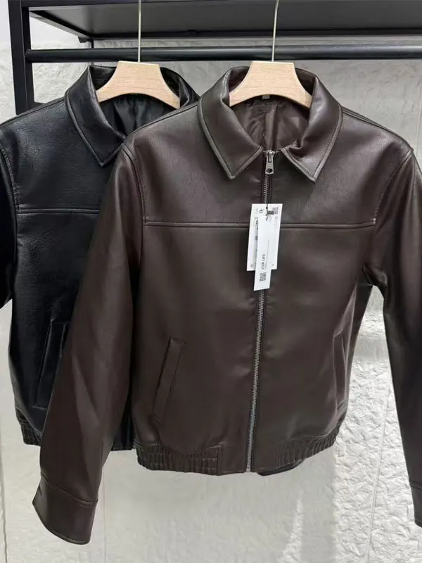 Leather Effect Jacket Men's Casual Loose Fit Spring Autumn New Style ZA2026 Standard Version Zipper Closure Long Sleeve Coat