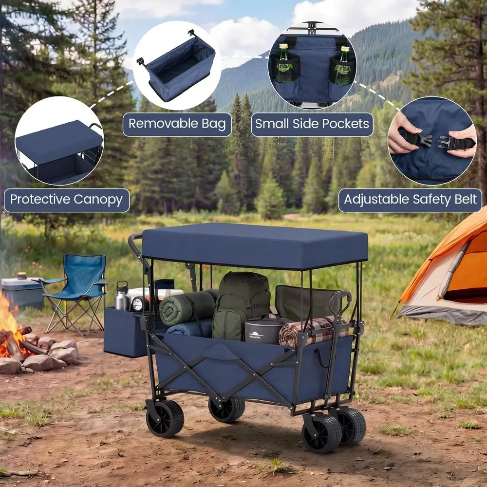 Collapsible Wagon w Canopy, Folding Garden Cart w Adjustable Handles, Detachable Storage Bag amp Big Wheels, Heavy Duty Outdoor