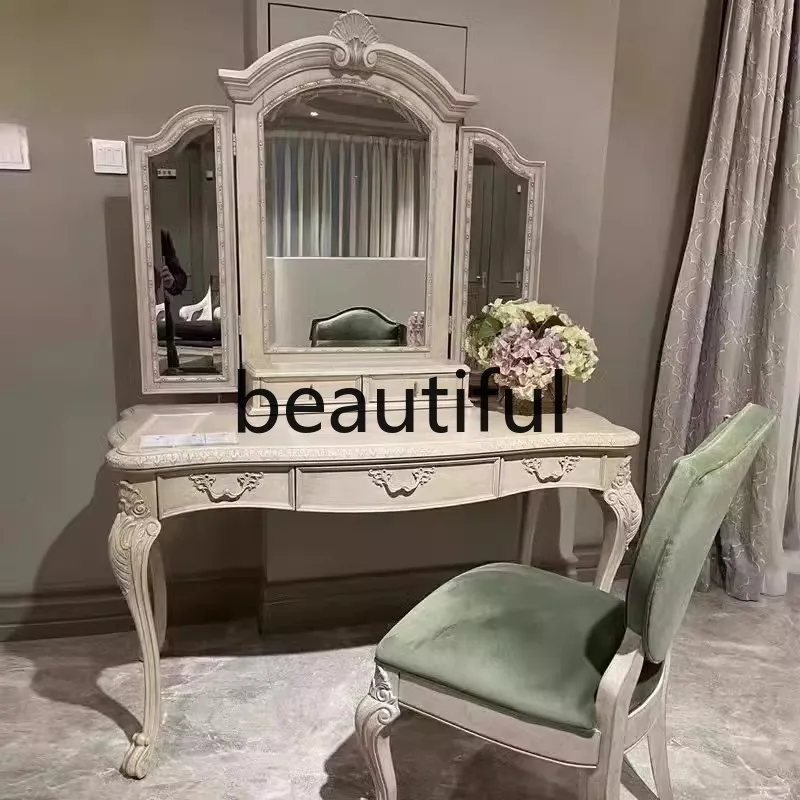 American art dresser solid wood carving flower storage retro old makeup table dressing mirror