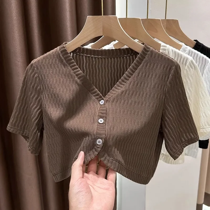 Womens V Neck Short Sleeve Cropped Cardigan Summer Sheer Cover Up